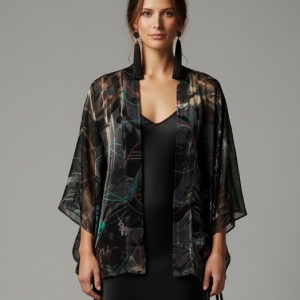 Citron Black Multicolor Chinoiserie Velvet Paper Crane Silk Sheer Kimono Jacket